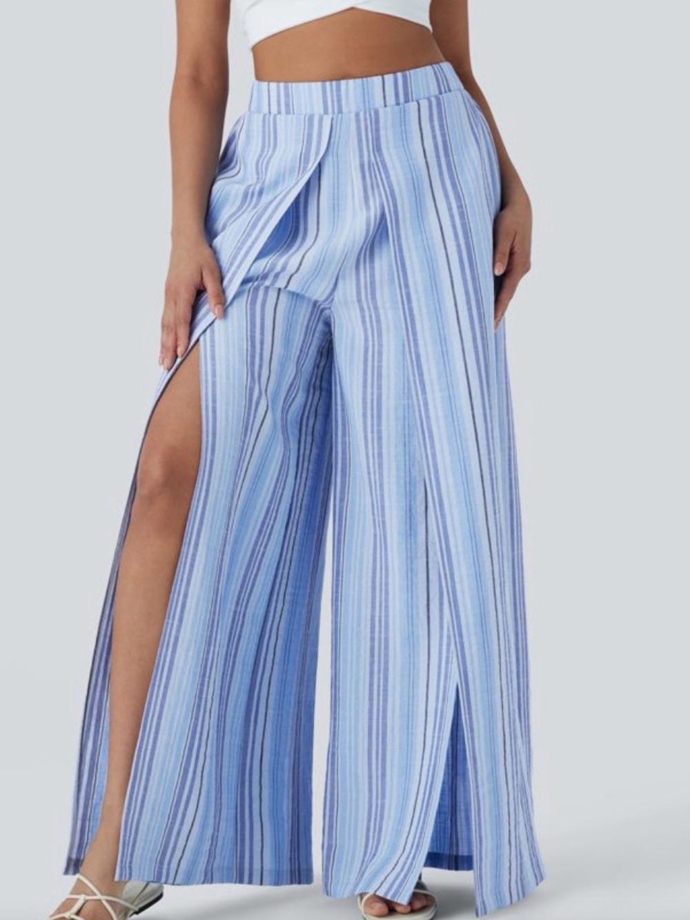 Halara Striped Blue Wide-Leg Split Pants - Picture 2 of 7